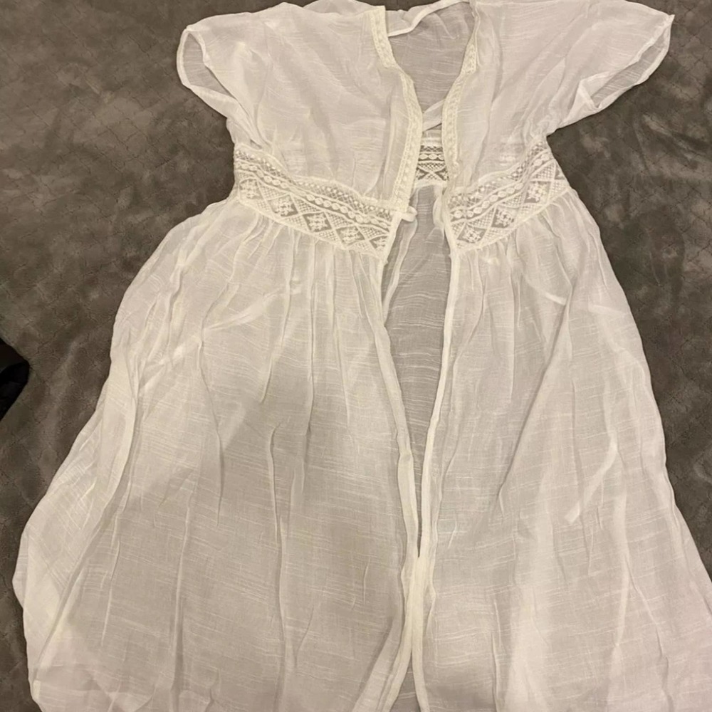NWT White Linen Like Long Sleeve sheer tie front swim crochet Boho coverup - Picture 5 of 6